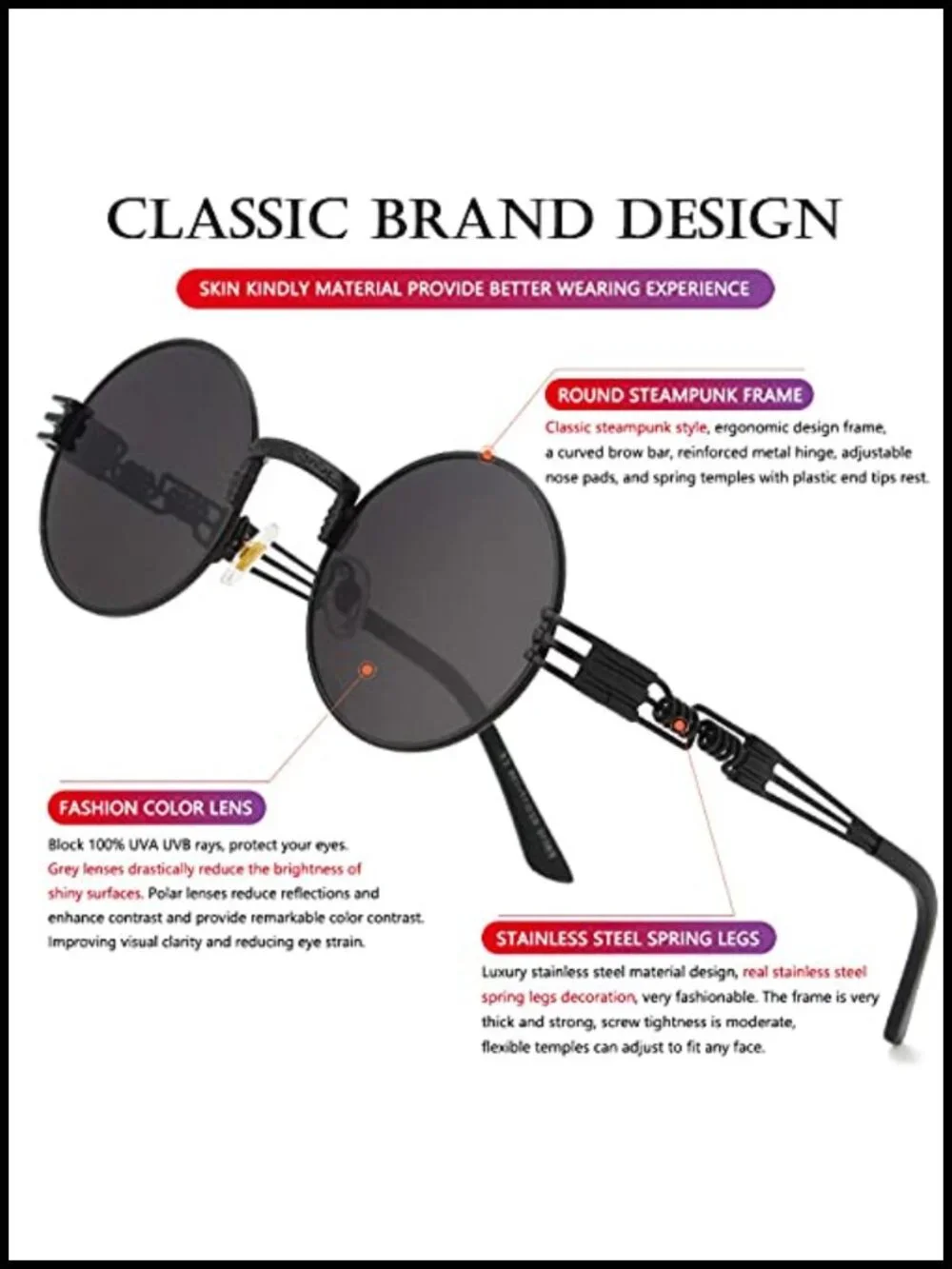 Round Steampunk Sunglasses Metal Frame UV Blocking Polarized